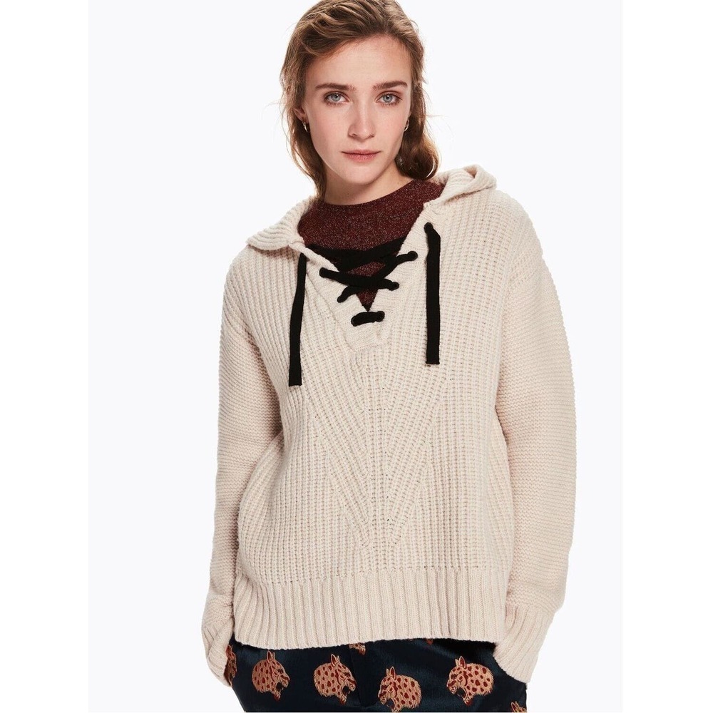 Scotch & Soda Women's Pink Black Tie Up Hooded Wool Sweater Size XS NWT $248